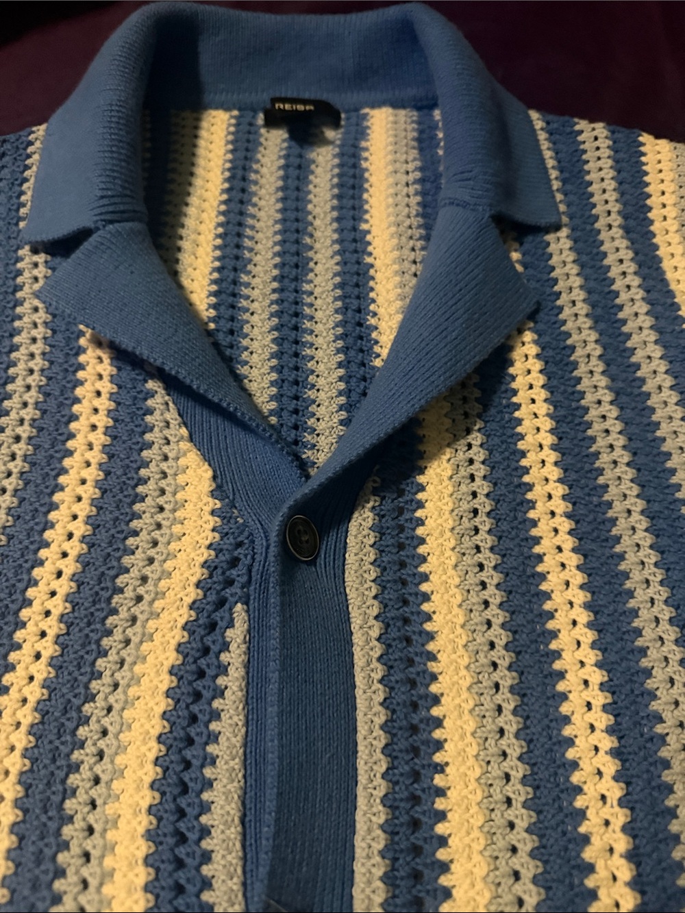 Reiss Men's Blue and Cream Striped Knit Cardigan Polo